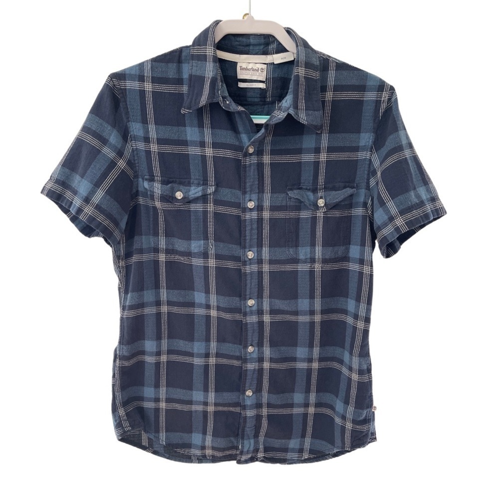 Timberland Mens 100% Cotton Short Sleeve Plaid Shirt Size Medium Slim Fit